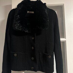 Calvin Klein button up sweater, black, with faux fur detail, size M/L